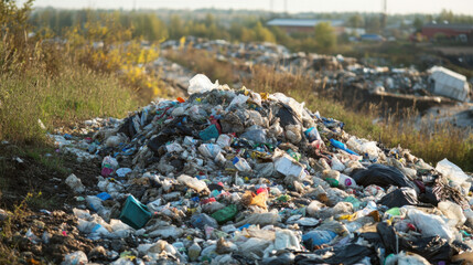 Pile of Mixed Rubbish and Debris at an Open Landfill Site with Overgrown Vegetation and Distant Industrial Background in Bright Natural Lighting