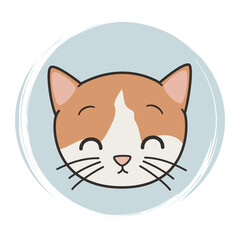 Cute hand drawn logo or icon vector with cartoon character smiling cat, illustration on blue circle with brush texture, for social media story and highlights