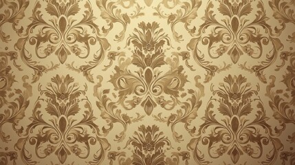 Elegant gold and beige vintage floral wallpaper with ornate damask pattern