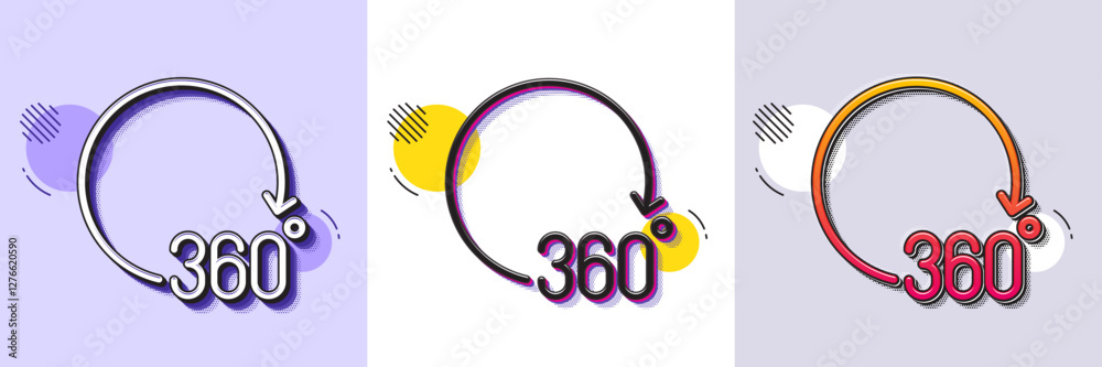 Poster 360 degrees line icon. halftone dotted pattern. gradient icon with grain shadow. vr simulation sign.