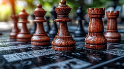Close-up of wooden chess pieces on a board in a park during sunset
