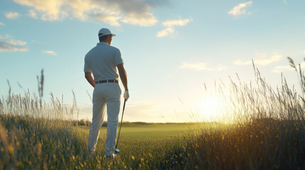 Rear shot of a golfer reading the green prior to putting.