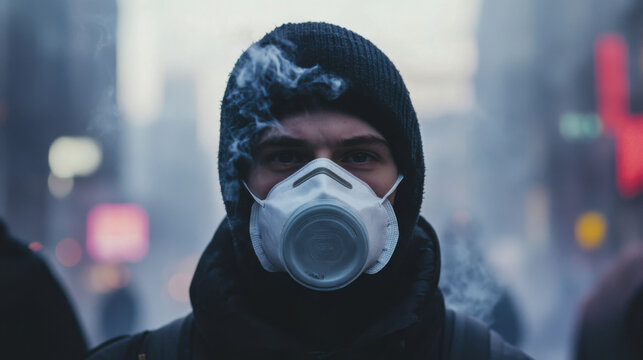 Young man wearing a protective mask stands in a foggy urban environment, surrounded by blurred figures, capturing the essence of modern health concerns in the city. - Powered by Adobe