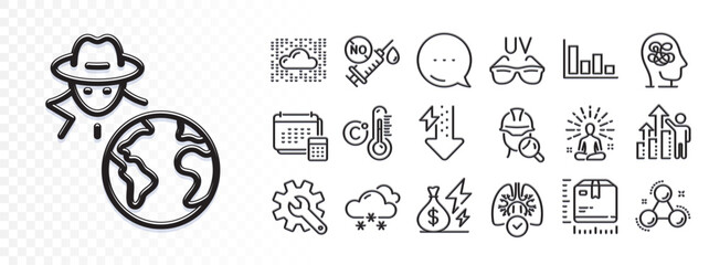 Yoga, Fraud and Customisation line icons for web app. Glare of light effect. Message icon. Pack of Employee results, Sunglasses, Energy drops pictogram icons. Vector