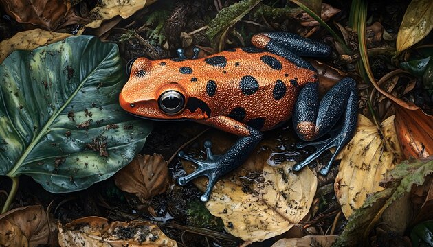Orange poison dart frog resting on leaf litter in jungle