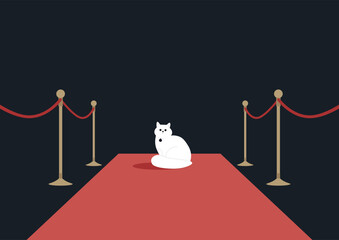 A fluffy white cat sits on a plush red carpet, surrounded by elegant velvet ropes, basking in the attention of onlookers during a glamorous event at night