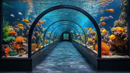 Underwater tunnel aquarium pathway, vibrant coral reef, marine life, ocean