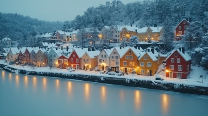 Snowy Winter Townhouses by Canal at Dusk