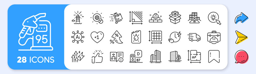 Energy inflation, Inventory and Buildings line icons. Interest rate, AI generate, Inflation icons. Pack of Skyscraper buildings, Petrol station, Diesel station icon. Vector