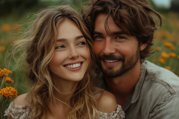 Fototapeta premium A candid shot of a couple laughing together outdoors, capturing a joyful and intimate moment of love and happiness in a natural setting.