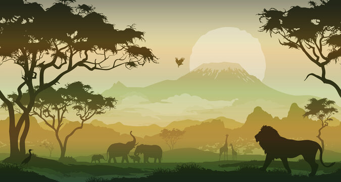 horizontal seamless background with africa nature. Landscape with Mount Kilimanjaro. All animals and trees are isolated - you can clean and move them. vector illustration	