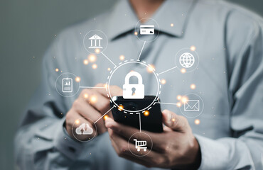 cybersecurity concept, user privacy security and encryption, secure internet access Future technology and cybernetics, screen padlock. Man using his mobile selects the icon security.