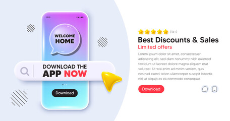 Welcome home mobile phone banner. App chat speech bubble. Welcome home tag. Home invitation offer. Hello guests message. Phone template with search bar. Download the app now. Vector