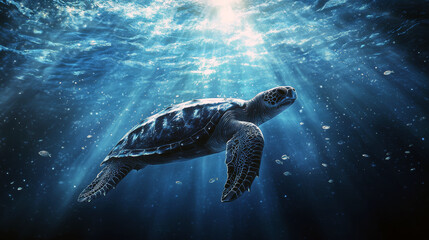 Obraz premium Majestic sea turtle swimming under sunlit ocean waters.