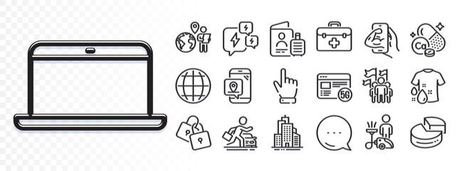 Locks, Cursor and First aid line icons for web app. Glare of light effect. Message icon. Pack of Outsource work, Leadership, Car rental pictogram icons. Stress, Globe, Laptop signs. Vector