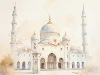Fototapeta premium Watercolor Illustration of dreamy white beige mosque in pastel colors with blush pink flowers transluscent ethereal ramadan kareem eid mubarak greeting card blank design template wallpaper background