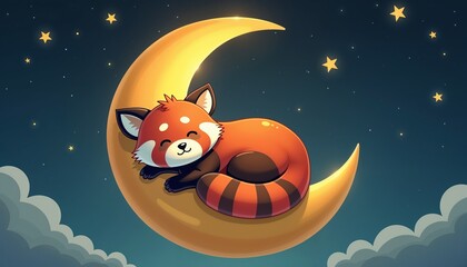 Naklejka premium Sleeping red panda curled up on a crescent moon with stars and clouds in a dreamy night sky