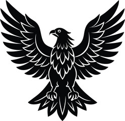 Eagle silhouette vector illustration, bird of prey, majestic, flying, wildlife, nature, freedom, isolated on white, soaring, vector art, bold, powerful design.

