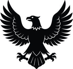 Eagle silhouette vector illustration, bird of prey, majestic, flying, wildlife, nature, freedom, isolated on white, soaring, vector art, bold, powerful design.

