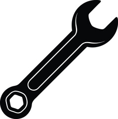 Wrench silhouette vector illustration, mechanical tool, repair, black wrench, construction, vector design, tool icon, industrial, isolated, vector art, hand tool.

