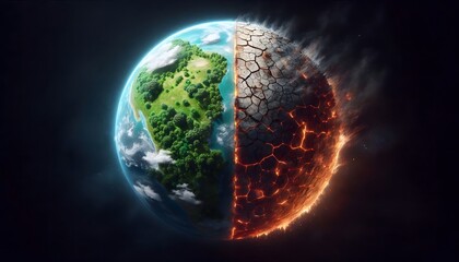 A futuristic illustration of Earth's future: one side natural and green, the other scorched and dusty due to extreme changes.