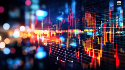 Financial market data visualization with colorful graphs and lights