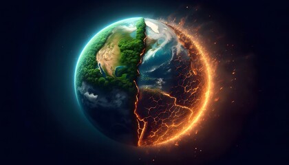 Planet Earth split in half: one side lush and green, the other burned and cracked, dramatically portraying the impact of climate change.