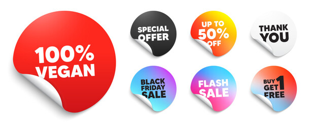 Vegan food red sticker tag. Special offer paper price tags. 100 percent vegan tag. Organic bio food sign. Vegetarian product symbol. Discount, black friday sticker. Promo banner. Vector