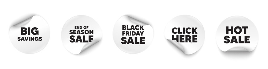 Big savings sticker tag. Season sale, Black friday paper price banners. Big savings tag. Special offer price sign. Advertising discounts symbol. Click here sticker. Vector