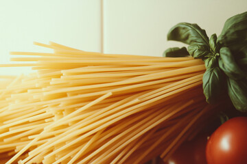 Spaghetti with Basil and Tomato: A close-up shot of spaghetti pasta, accompanied by fresh basil leaves and a ripe tomato, creating a tempting food still life.