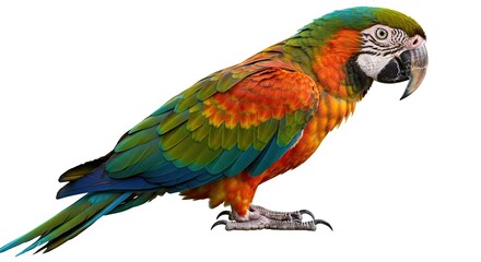 Colorful Macaw Parrot Standing Isolated Against White Background Close-up