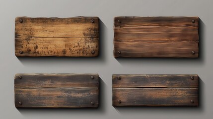 Set of four rustic wooden signs with distinct textures and shadows on gray background