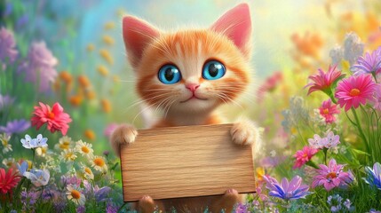Cute kitten holding wooden sign in vibrant flower field with colorful blossoms