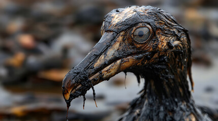 Obraz premium Oil-covered bird in environmental disaster scene with impacted wildlife.