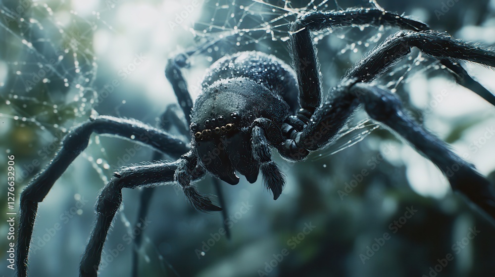 Wall mural close-up view of a large spider on web with dew in forest setting