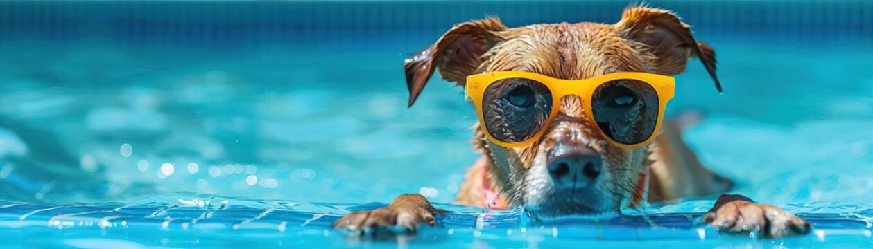 A summer dog stays cool with shade, sunglasses, and swimming. A playful dog with sunglasses enjoys a refreshing swim in a bright blue pool.