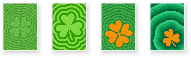 A bold vector illustration featuring shamrocks and four-leaf clovers with green and orange ripple textures, symbolizing luck and fortune.