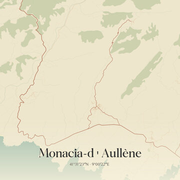 Vintage map of Monacia-d'Aull&egrave;ne, France.