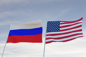 Flags of RUSSIA and United States of America USA waving with cloudy blue sky background, WAR 3D rendering