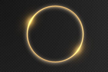 Round golden sparkling frame with glowing light effects, isolated on a black background. A luxurious vector illustration featuring a shimmering gold ring with sparkles and radiant reflections