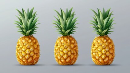 Three fresh pineapples arranged in a row on a gray background