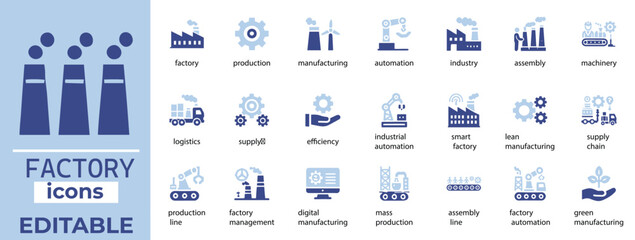 High quality factory vector icons for industrial, manufacturing, and production designs. Fully editable and scalable