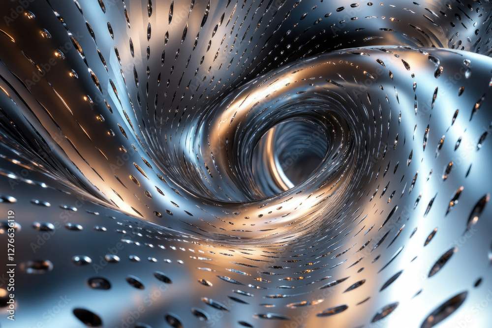 Poster Abstract swirling metallic tunnel with perforated surface, creating a mesmerizing 3D vortex effect.