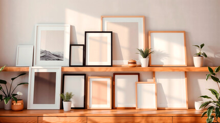 Wall with multiple blank photo frames, different sizes and styles. Elegant and modern design