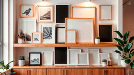 Wall with multiple blank photo frames, different sizes and styles. Elegant and modern design