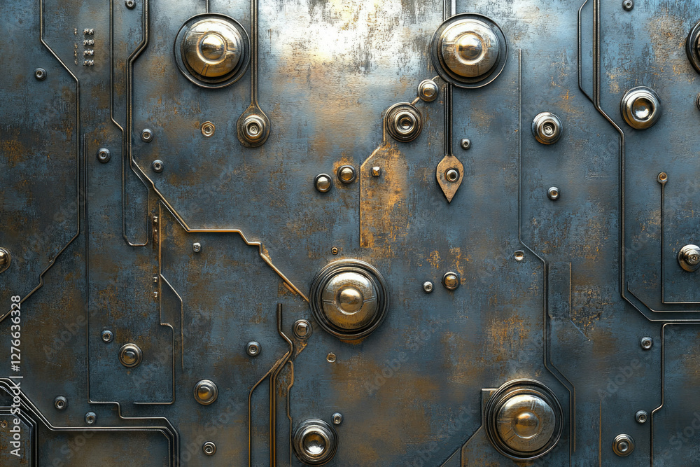 Poster Rustic metallic texture with intricate circuitry and aged bronze accents.