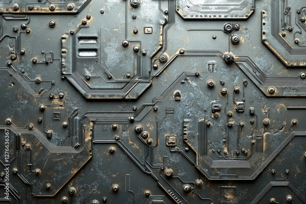 Poster A weathered metallic circuit board with intricate pathways and aged texture.