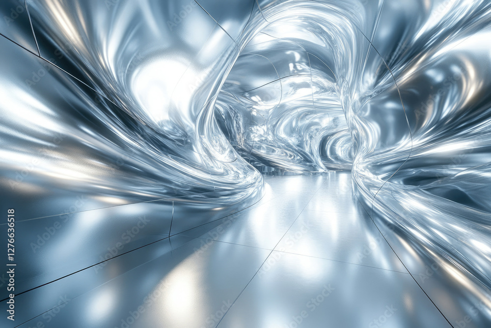 Poster abstract futuristic metallic tunnel with swirling, reflective walls and a gleaming floor.