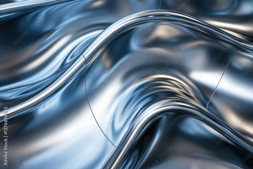 Poster abstract image of flowing, polished metallic surface with curved lines and reflections, showcasing a