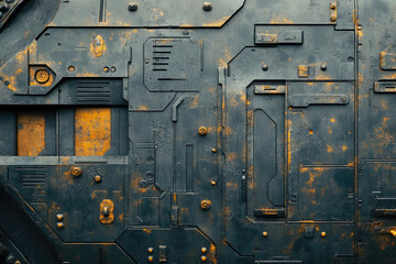 A weathered metallic panel with a futuristic design, featuring dark grey and gold accents.